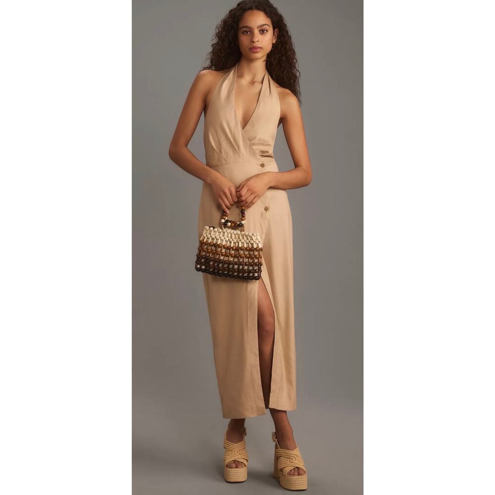 By Anthropologie Linen Halter V-Neck Column Midi Dress, size medium 
OB1998249